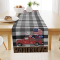 Detail of linen table runner featuring black buffalo plaid and vintage red American truck - America Black White Buffalo Plaid Truck (ZQ13-6) / 33x183cm