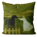 Kissenbezug mit Ölgemälde-Motiv, Pferd und Mädchen Design in Olivgrün - 45x45 cm / Kurzplüsch Doppelseitig (Nur Bezug) / Weidemädchen und schwarzes Pferd (MMS01-1)