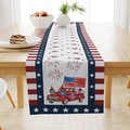 Close-up of July 4th linen table runner with red truck and gnome pattern on wood - USA Red Truck and Gnome Style (ZQ13-7) / 33x183cm
