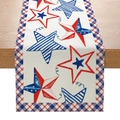 Independence Day table runner with red and blue stars on rustic linen fabric - Red Blue Plaid Star (ZQ14-1) / 33x183cm