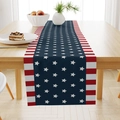 Close-up of linen table runner featuring American flag stars and stripes pattern - Classic Blue Base White Stars Stripes (ZQ13-9) / 33x183cm