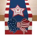 Linen table runner with American flag star and bow design for 4th of July decor - Blue Stars Stripes Bow (ZQ14-3) / 33x183cm