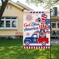 Outdoor yard detail of double-sided burlap Independence Day flag with God Bless America text - God Bless America Truck (HYQ19-7)