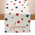 Détail du tissu en lin avec motifs d'étoiles USA et lettrage America sur le chemin de table - Étoile Rouge Bleu America (ZQ14-6) / 33x183cm