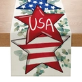 Détail du chemin de table en lin Fête de l'Indépendance avec motifs étoiles USA sur bois - USA Feuilles Étoile (ZQ14-14) / 33x183cm