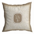 Detail view of American vintage cushion cover with Grace typography and plant patterns - Brown Oval Center GRACE Print