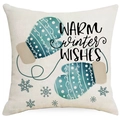 Kussensloop met blauwe aquarel wanten en sneeuwvlokken met Warm Winter Wishes tekst - 45x45 cm / Blauwe Wanten Patroon (YMD336-3) / Alleen hoes