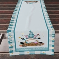 Light blue Easter table runner with gnome bunny and eggs on dark wooden table - 33*183cm / Sky Blue Daisy and Gnome (ZQ09-9)