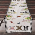 Easter table runner with festive bunny silhouettes and checkered borders on a wooden table - 33*183cm / B&W Checker Border Multicolor Rabbits (ZQ09-14)