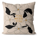 Square beige pillowcase with black floral patterns and YOU NEED YOU text print - 45*45cm (No Insert) / Black Line Floral Slogan Style (CRS28-3)