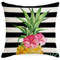 Linnen kussensloop met aquarel ananas en roze hibiscus op zwart-witte strepen - Ananas en Bloemen Stijl (YMD348-2) / 45x45cm