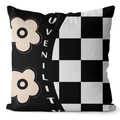 Modern square cushion cover with black flower print, juvenility text and checkerboard - 45*45cm (No Insert) / Checkerboard Floral Style (CRS28-5)