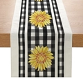 Close-up of linen table runner featuring black gingham pattern and vibrant yellow sunflowers - Sunflower & Black Plaid / 33x183cm