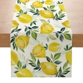 Detail of linen table runner with watercolor lemon and green leaf summer floral print - Lemon & Green Leaves / 33x183cm