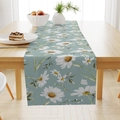 Dettaglio del runner da tavola in lino con margherite bianche su tessuto blu - 33*183cm / Stile Margherita Bianca Blu Grigio (ZQ15-9)