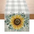 Linen table runner with yellow sunflower, eucalyptus leaves, and grey plaid pattern print - Sunflower & Gray Plaid / 33x183cm