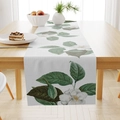 Linen table runner with white camellia and leaf pattern on a wooden dining table - 33*183cm / White Camellia (ZQ18-7)