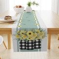 Linen table runner with sunflower floral print and mint green stripes on wooden table - 33*183cm / Sunflower Gingham Style (ZQ15-2)