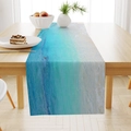 Detail of blue ocean wave print linen table runner on a wooden table for summer dining - 33*183cm / Ocean Waves Pattern (ZQ19-2)