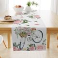 Linen table runner with floral sunflower and bicycle print on a rustic wooden table - 33*183cm / Rose Eucalyptus Bicycle Style (ZQ15-3)