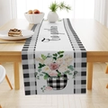 Linen table runner with floral sunflower print, buffalo plaid borders and Together text - 33*183cm / Together Floral Cluster Style (ZQ15-4)