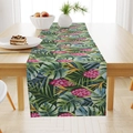 Close-up of tropical palm leaves and exotic flowers printed on a linen table runner - 33*183cm / Rainforest Flora (ZQ18-10)