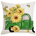 Linen sunflower pillow cover with green vintage truck and bee floral decoration - 45x45cm (No Insert) / Green Truck Sunflower (YMD352-1)