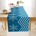 Linen table runner with navy nautical rudder and wave patterns on a wooden dining table - 33*183cm / Nautical Helm Design (ZQ19-7)