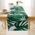 Linen table runner detail with green monstera leaves on a light wood dining table - 33*183cm / Green Monstera (ZQ18-8)