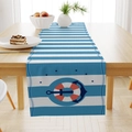 Detailed nautical table runner featuring blue stripes with anchors and lifebuoy patterns - 33*183cm / Blue White Striped Nautical (ZQ19-11)