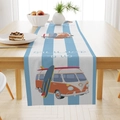 Linen table runner detail with blue stripes, vintage surf bus, and Summer Bus text - 33*183cm / Summer Bus Print (ZQ19-9)