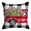 Kussensloop met ruitpatroon en rode vintage truck met roze tulpen print - Gingham Pickup Tulp (DRD299-14)
