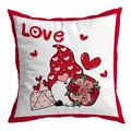 Valentijnsdag kussensloop met kabouter, hartjesprint en rode decoratieve bies rondom - Boeket Kabouter Rode Bies (DRD299-27)
