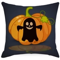 Halloween Kissenbezug mit Kürbis und schwarzem Geist Motiv auf dunkelblauem Leinen Stoff - 45x45 / Kürbis Geist Stil