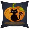 Halloween Kissenhülle mit schwarzer Katze und orangefarbenem Kürbis auf blauem Leinen - 45x45 / Kürbis Schwarze Katze Stil
