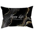 Close-up of black lumbar pillowcase with marble print and Happy Life gold text - Black Gold Vein HappyLife Style (DRD398-7)