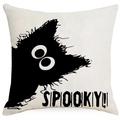 Halloween Kissenbezug aus Leinen mit schwarzer Katze und Spooky-Schriftzug auf Elfenbein - 45cmx45cm / Schwarze Katze Druckstil (YMD360-1)