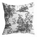 Close-up of Toile de Jouy pillow cover with black and white tropical animal prints - French Pastoral Black and White Animal Sketch Print