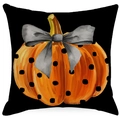 Halloween pumpkin throw pillow cover with watercolor orange design on black linen fabric - 18x18 Inch / Pumpkin With Bow Pattern Style (YMD364-3) / Cover Only