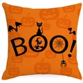 Federa per cuscino Halloween in lino con motivo Boo! arancione, gatto nero e pipistrelli - Stile Scritta BOO (YMD363-3)