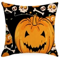 Halloween Kissenbezug mit Kürbis und schwarzer Katze auf schwarzem Hintergrund - 45x45cm / Kürbis Schwarze Katze Skelett (YMD365-4)