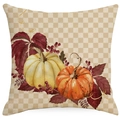 Fall harvest plaid throw pillow cover featuring orange pumpkins and maple leaf design - Double Pumpkins Plaid Style (YMD369-2)