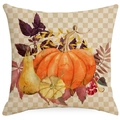 Linen pumpkin throw pillow cover with autumn leaves and rustic gingham pattern decor - Single Pumpkin Plaid Style (YMD369-1)