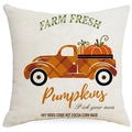 Linen autumn pillow cover with pumpkin truck print and Farm Fresh text for home decor - 45x45cm / Vintage Farm Truck Style (YMD374-1)
