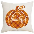 Linen autumn throw pillow cover with orange plaid pumpkin and Thankful typography - 45x45cm / Plaid Pumpkin Thankful Style (YMD374-2)