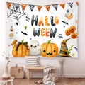 Detail of Halloween tapestry featuring watercolor pumpkin ghost prints in cozy living room decor - 95x73 / Watercolor Cute Illustration Style (GT64-5) / Brushed Fabric