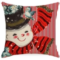 Funda de cojín navideña con muñeco de nieve y pájaro sobre fondo de rayas rojas y blancas - Estilo Muñeco de Nieve con Sombrero (YMD378-2)