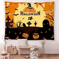 Tenture murale Halloween avec citrouilles, château et chauves-souris pour déco de fête - 95x73 / Style Citrouille Et Tombe (GT64-2) / Tissu brossé