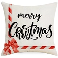 Linen Christmas pillow cover with Merry Christmas text and red striped bow pattern - English Lettering with Bow Style (YMD376-1)