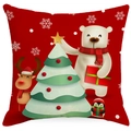 Christmas red linen pillowcase featuring cartoon polar bear, reindeer, and penguin motifs - Polar Bear and Christmas Tree Style (YMD376-3)